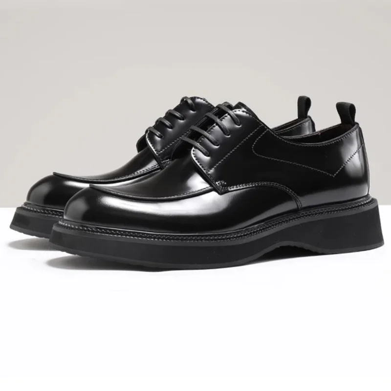 High Quality Sheepskin Lining Top Cowhide Lace-up Business Casual Leather Shoes Men 4CM Thick Bottom Derby Formal Shoes