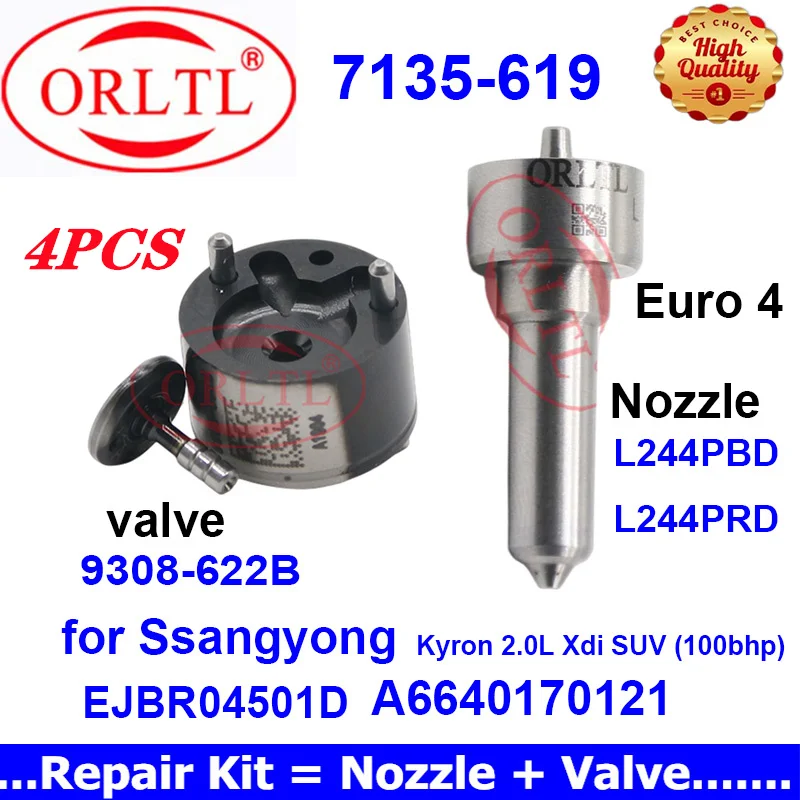 Original Nozzle L244PRD Valve 9308-622B Repair Kits 7135-619 Injector L244PBD for Ssangyong Kyron EJBR04501D A6640170121 4PC