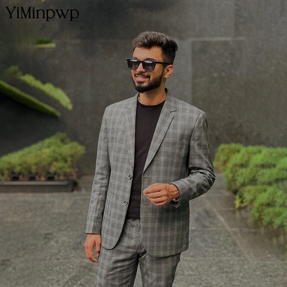 

YiMinpwp Grey Plaid Boutique Men's Suit Bespoke Groom Wedding Dress British Style Business Woolen Formal Suits 2Pcs Set XS-5XL
