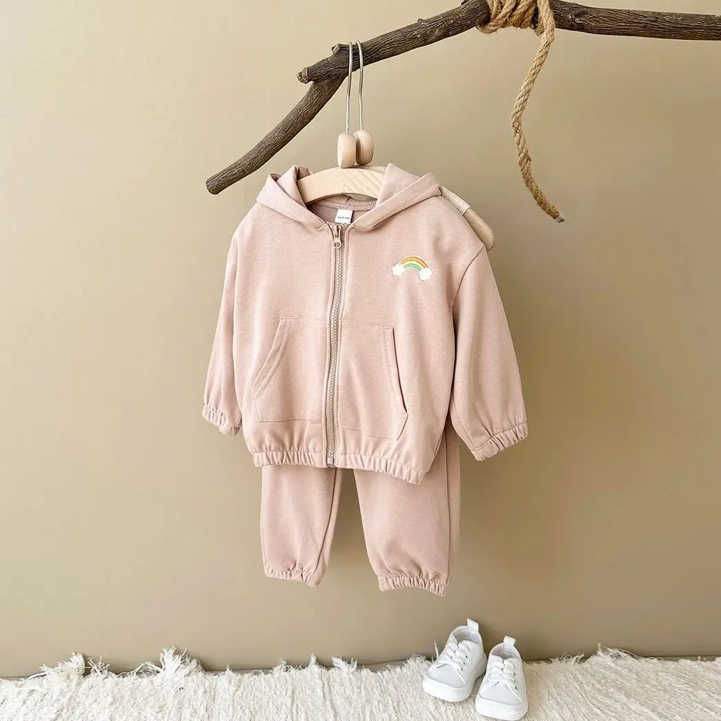 Newborn Baby Set Girls Boys Baby Sports Sweater Clothing Rainbow Embroidered Long Sleeves Hoodie+Pants Casual 2PCS