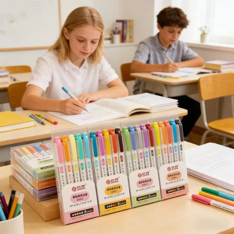 5Pcs Double-Tip Highlighter Set, Pastel Fluorescent Markers, Cute Japanese Style Stationery for Art & Study Highlighting