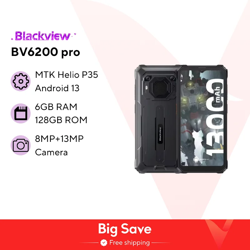 Blackview BV6200 Pro Rugged Phone Android 13 6.56'' Helio P35, 4GB+128GB Smartphone 13000mAh With 18W Fast Charge NFC Cell Phone