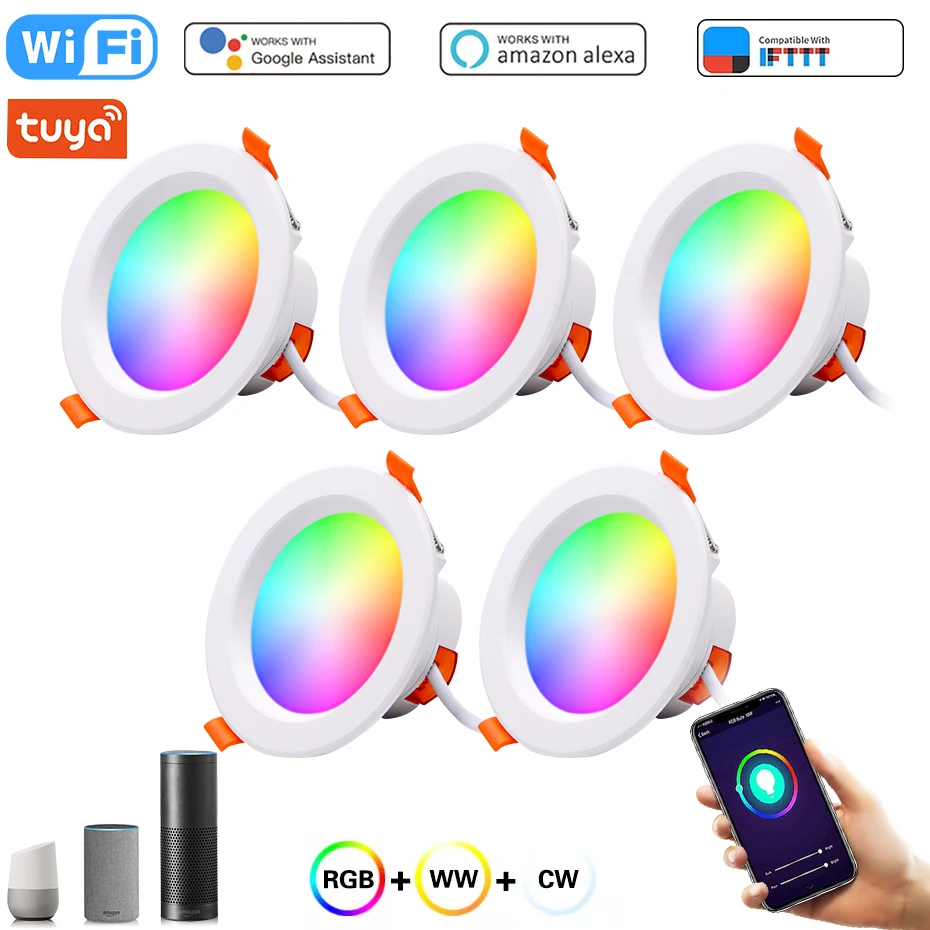 

Светодиодный потолочный светильник Tuya WiFi 5 Вт, 7 Вт, 9 Вт, 15 Вт, встраиваемый круглый прожектор RGB, умная светодиодная лампа с регулируемой яркостью, 110 В, 220 В, работает с Alexa Google Home