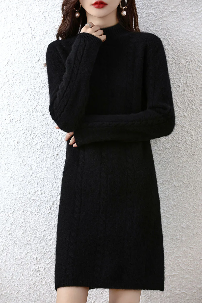 Autumn and winter new 100% wool semi high collar Fried Dough Twists design medium long wool dress slim solid color knitwear wome