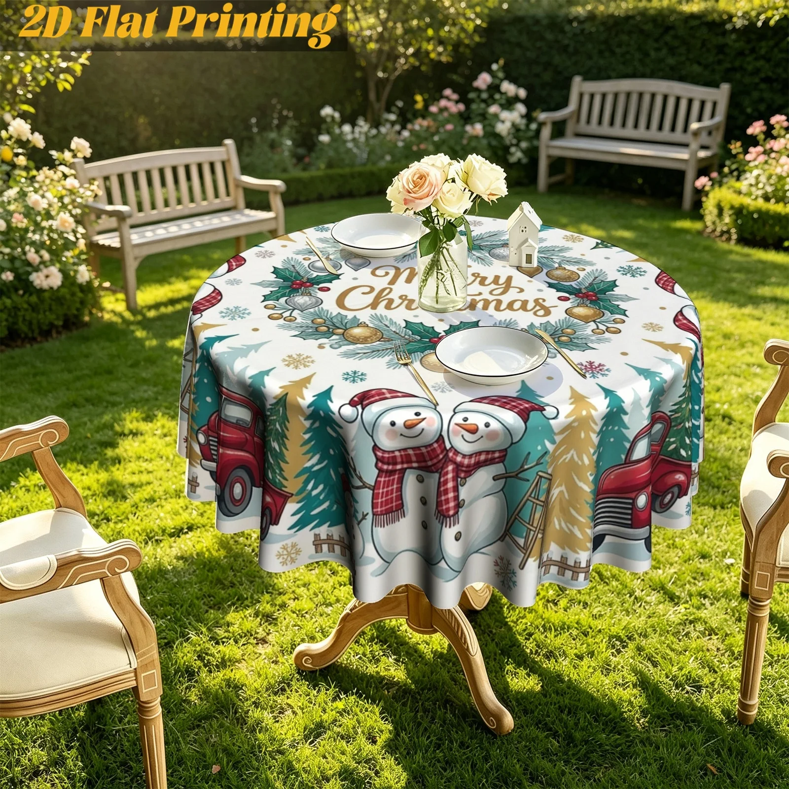 1 piece, soft blue-green merry Christmas slogan snowman retro truck pine round tablecloth