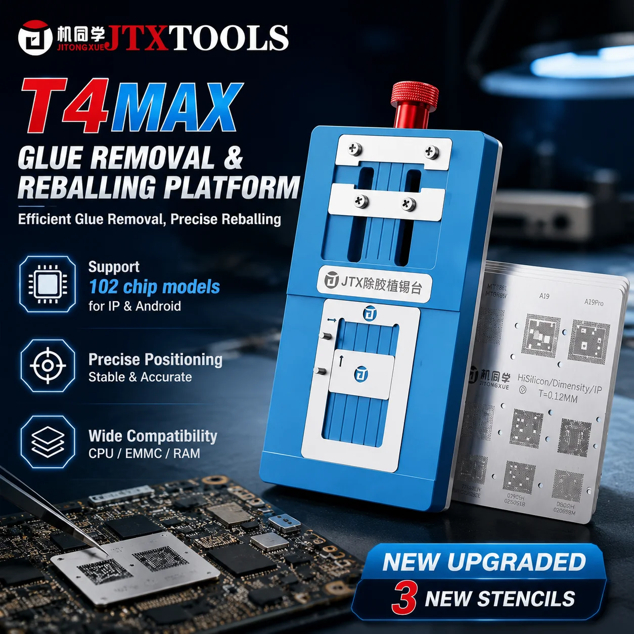 JTX T4 MAX BGA Reballing Tin Planting Platform Glue Removal Tool With 17PCS Stencil For CPU EMMC RAM Phone Repair