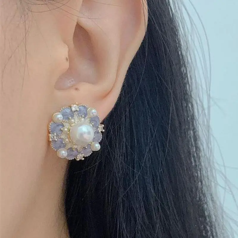 925 Silver Needle Vintage Purple Oil Dropping Flower Earrings For Women Jewelry 2024 Trending French Women's Pearl Stud Earrings