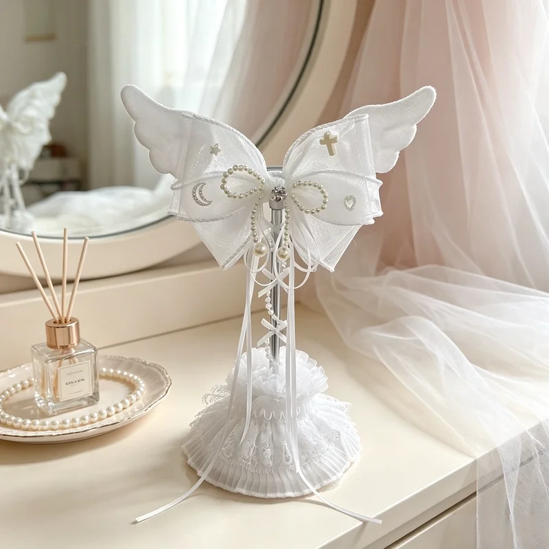 New Kawaii Angel Wings Headphone Stand White Lace Pearl Bow Lolita Style Headset Holder Desktop Ornament For Gaming Diy