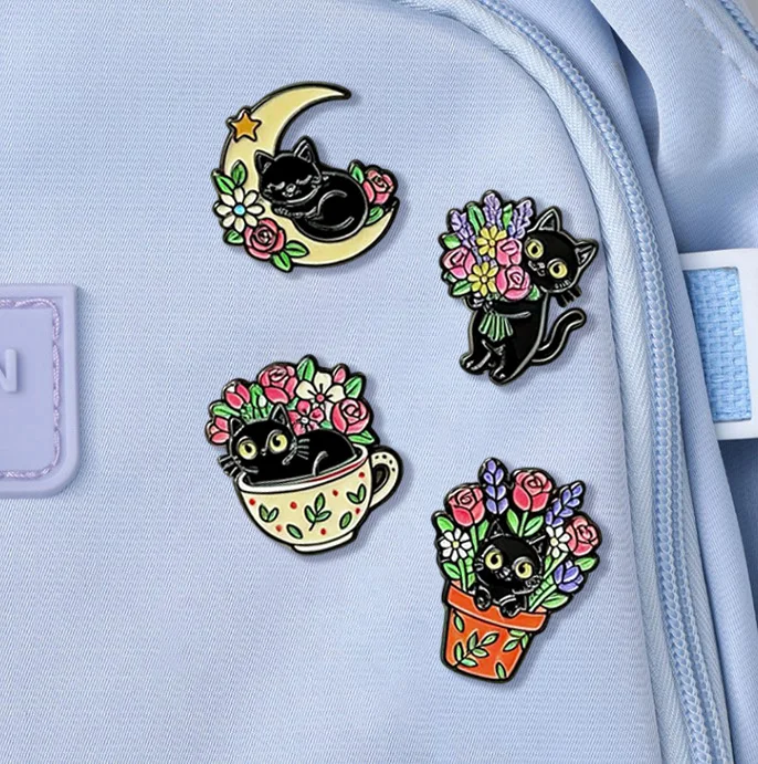 Cross-border Creative Plant Black Cat Flower Series Brooch, Cute Animal Badge Cartoon Gift Accessories