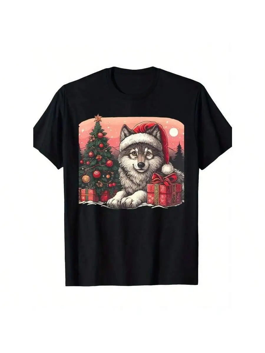 Merry Wolfmas Cute Wolf Santa Hat 220G T-Shirt 100% Cotton Trendy Y2K Short-Sleeve Tee-Soft, Quick-Drying, Moisture-Wicking;