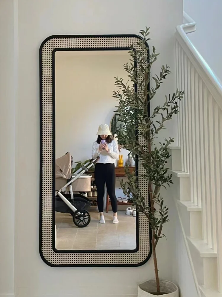 Modern Simple Style Full-length Mirror Creative Hand-Made Rattan Frames Dressing Mirror Home Decoration Hd Wall Mounted Mirror