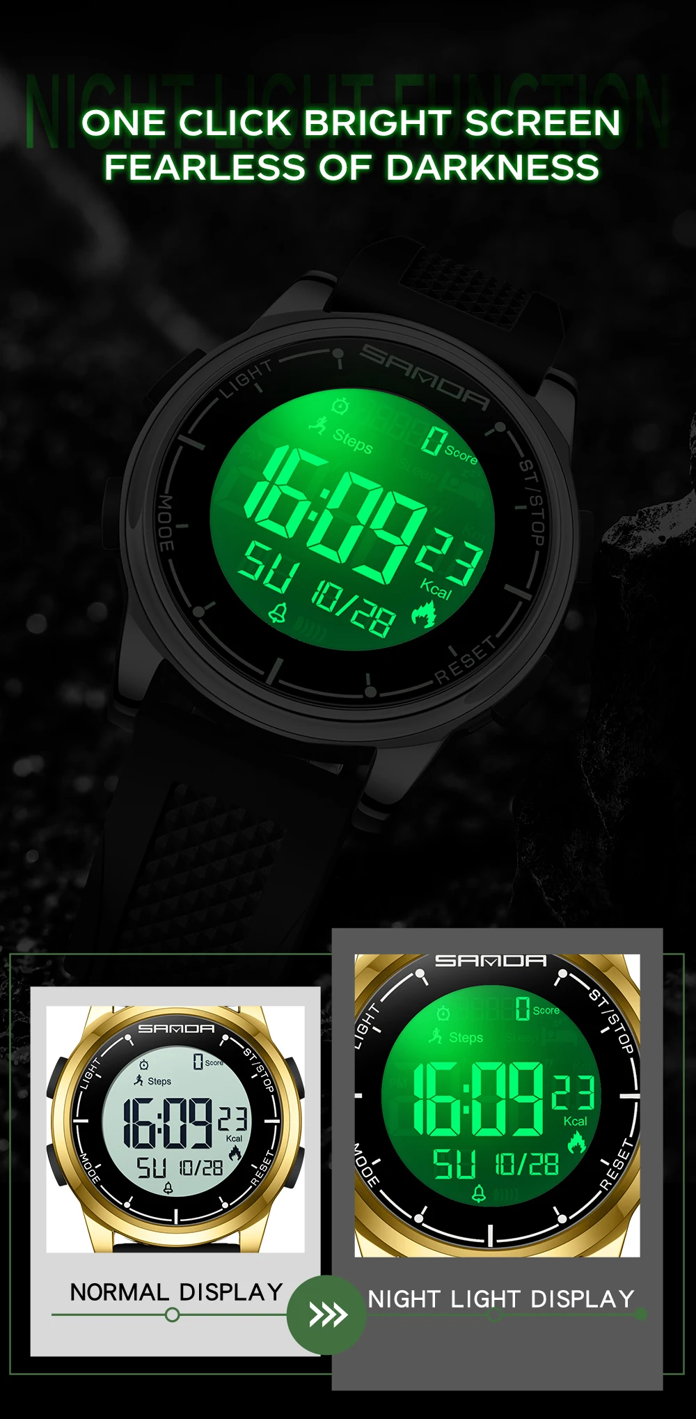 SANDA جديد 9064 المألوف طالب السعرات الحرارية متر خطوة ساعة إلكترونية متعددة الوظائف إضاءة مقاومة للماء ساعة إلكترونية للرجال