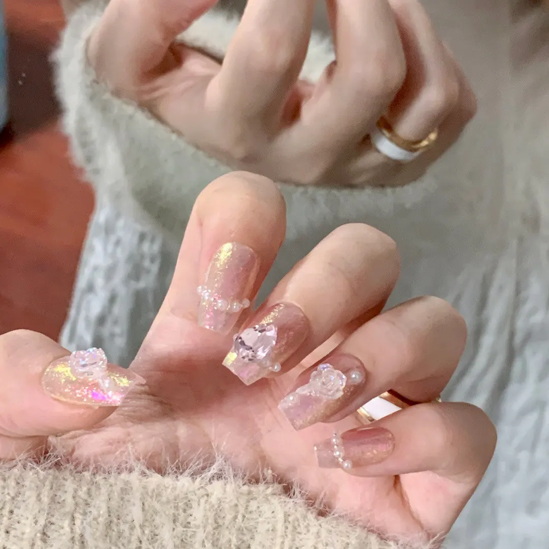 Water Drop Camellia Handmade Press On Nails Short T Shape Elegant False Design Floral Theme In Emmabeauty Store.No.EM19398