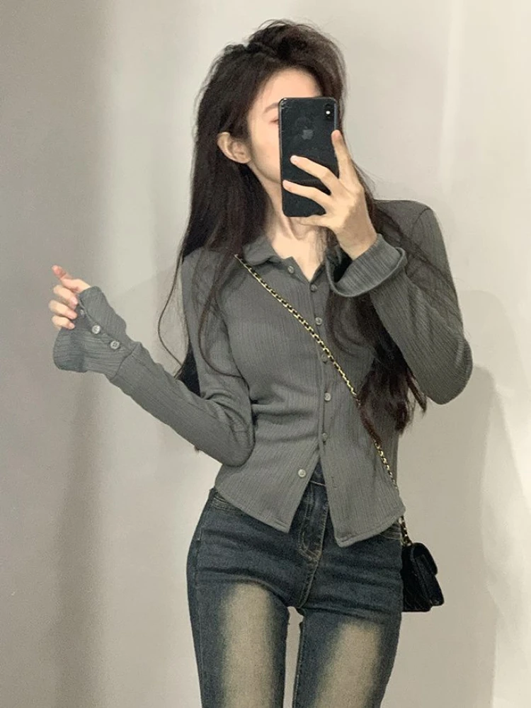 Solid Shirt Women Spring Pleated Strips Turn Down Collar Single Breasted Flare Sleeve Slim Fashion All-match Korean Style Cozy