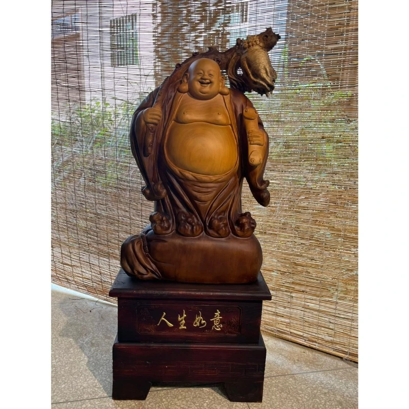 

Solid wood carving Maitreya Buddha statue ornament home living room lucky decoration crafts