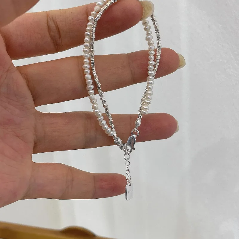 Pulseira com pérolas de prata esterlina 925 para mulheres, moda coreana, contas versáteis de dupla camada, joias luxuosas para festa e casamento