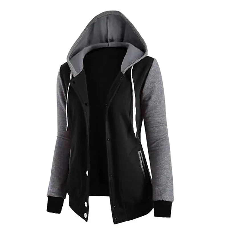 

Women Jacket Fall Winter Color Block Sports Hoodie Jacket Drawstring Button Hooded Long Sleeve Hip-hop Hoodies Women Sweatshirts