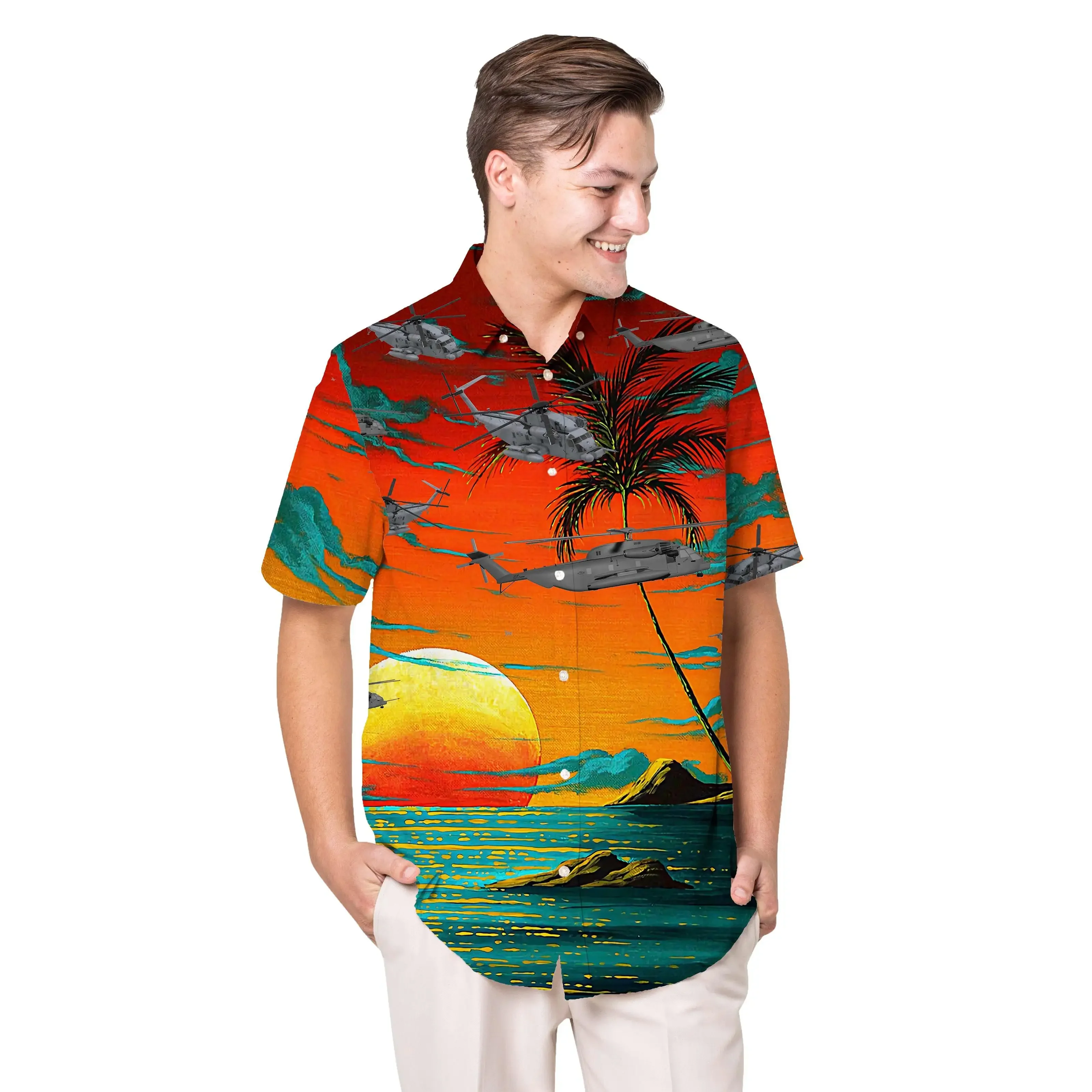 Jumeast Airplane Pattern Short Sleeve Hawaiian Shirt Funny Palm Tree Graphics Polyester Aloha Shirts Tropical Leaves Man Clothes