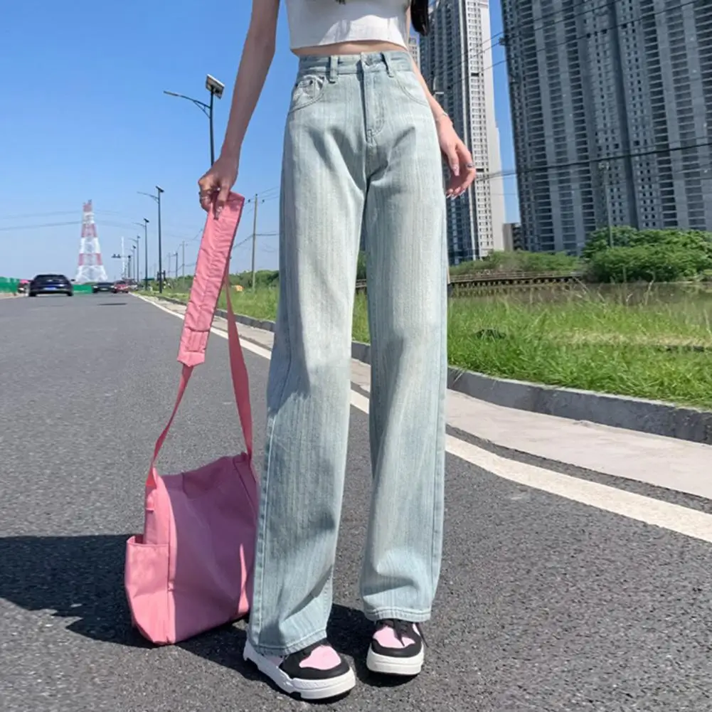 Straight-leg Pocket Trousers Striped Wide Leg High Waist Jeans with Multi Pockets for Women Stylish Streetwear Pants for Ladies