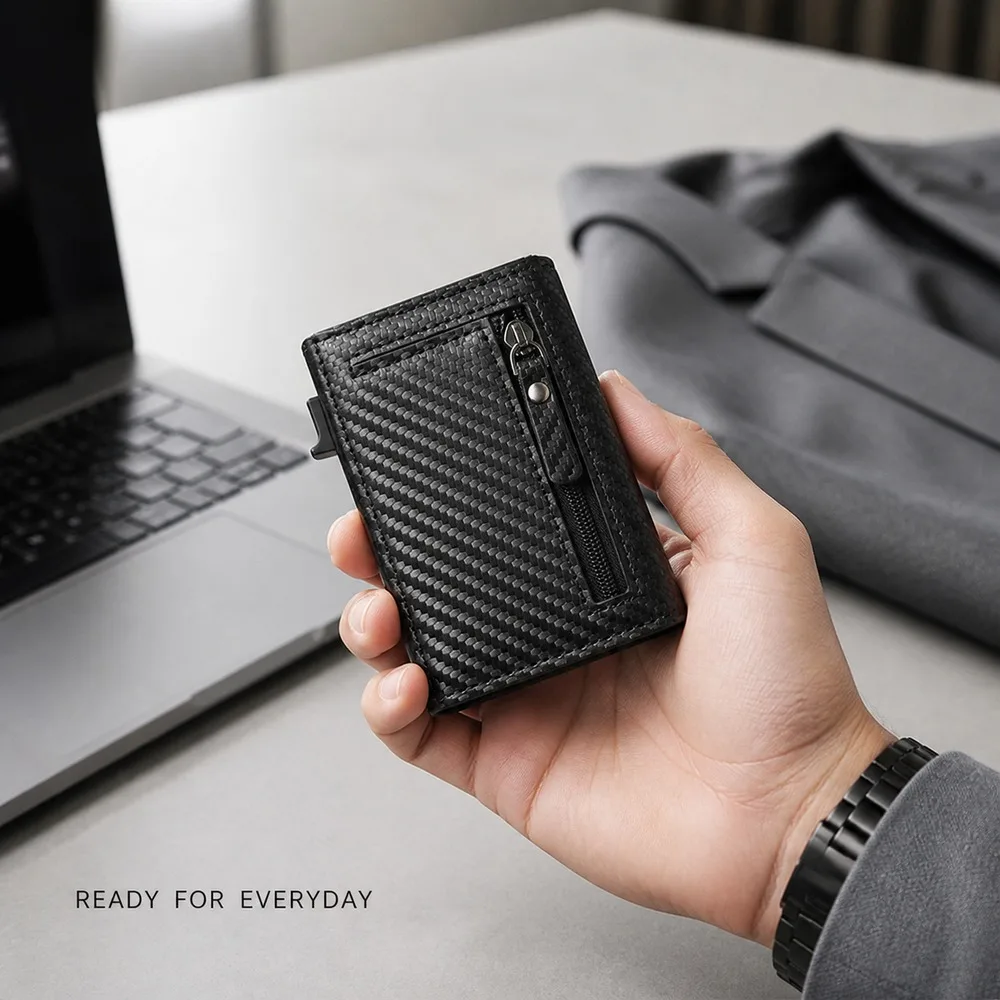 Compact Men's RFID Blocking Wallet PU Carbon Fiber Pattern Tri-Fold Card Holder with ID Window Zip Coin Pocket and Pop-Up Case