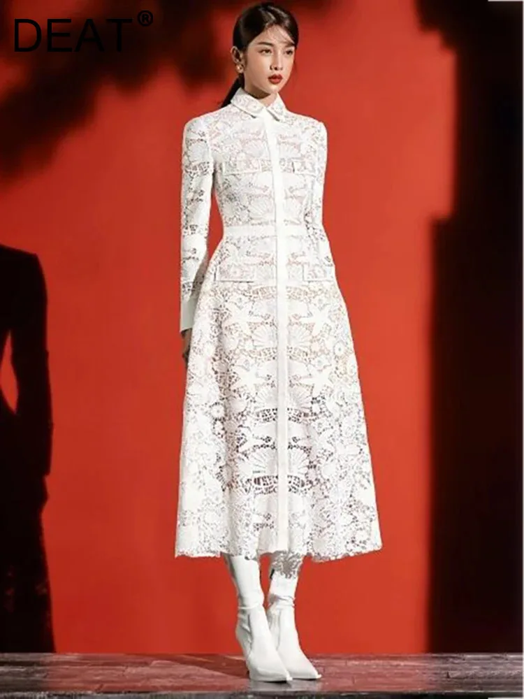 DEAT Elegant Dress Embroidery Lace Lapel Hollow Out Slim Translucent Mid-calf Women\'s Dresses Autumn 2024 New Fashion 13DB2099