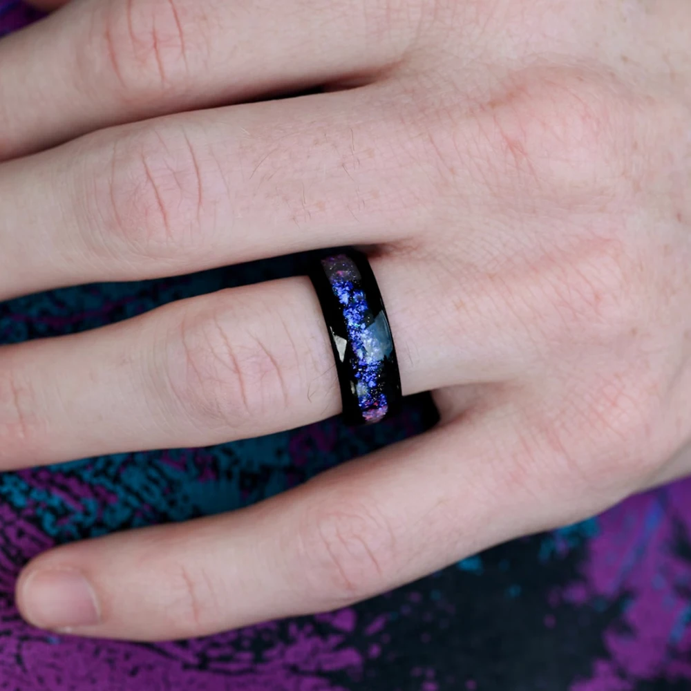 مجموعة خواتم زفاف الزوجين من الحجر الرملي الأزرق مقاس 8 مم - خواتم وعد فضاء المجرة التنغستن للأزواج - أشرطة متطابقة #3