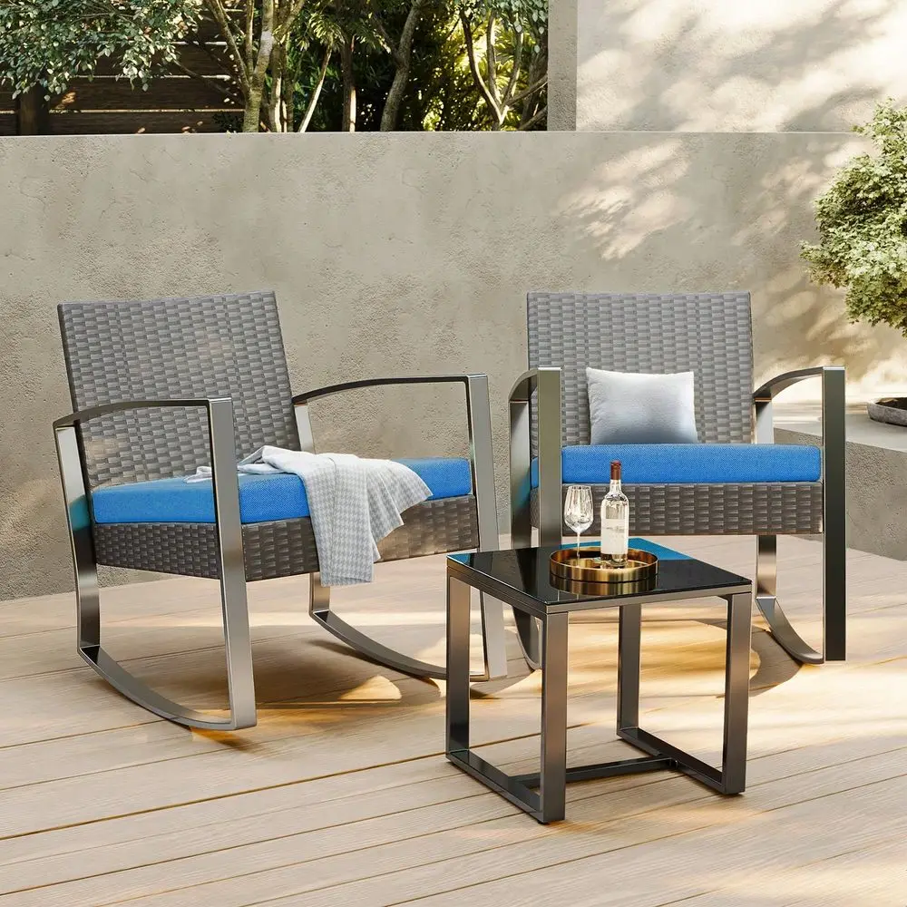 Wicker Bistro Set, Outdoor Rocking Chairs with Coffee Table, Patio Leisure Seating Furniture