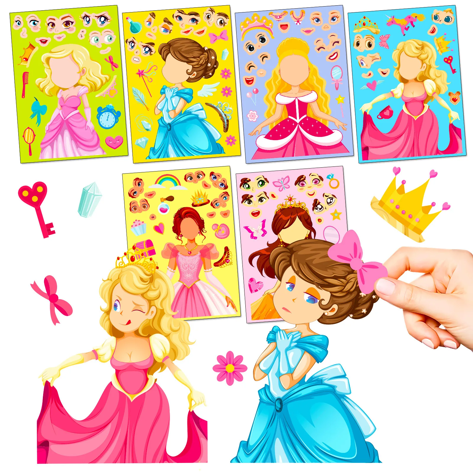 6-24Sheets Kids DIY Make A Princess Face Stickers Cartoon Puzzle Jigsaw Party Games Toys Children Girls Reward Stickers Gifts