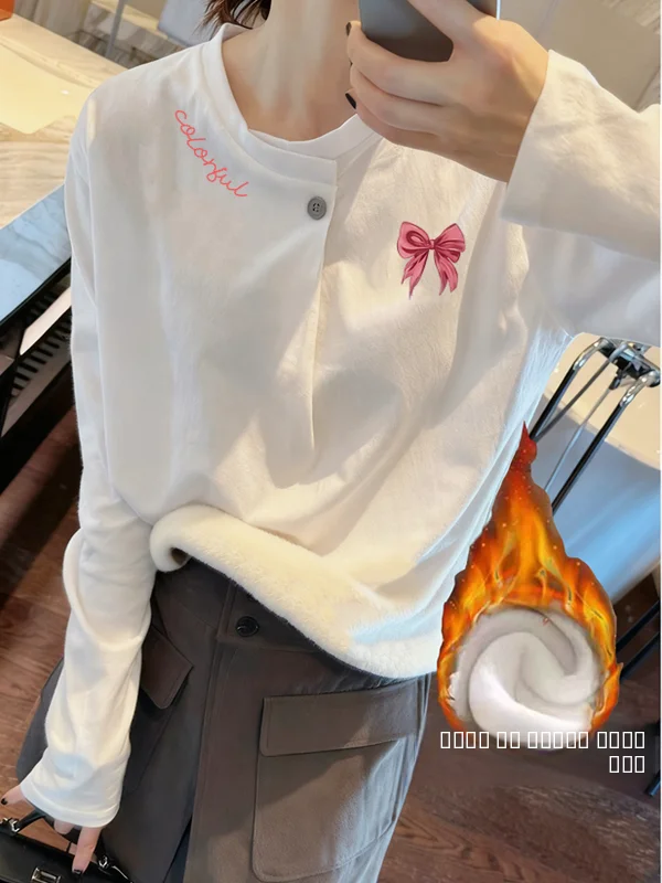 Sudadera con Capucha Forrada de Piel Sintética Plateada Estilo Coreano para Mujer, Cuello Redondo, Estampado de Dibujos Animados, Ropa Interior Cálida, Top Moderno