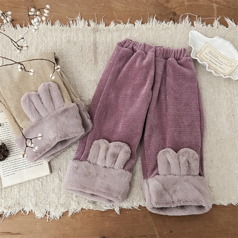 

2025 Winter New Baby Loose Fleece Trousers Infant Girls Cute Rabbit Ears Warm Pants Plus Velvet Thick Toddler Casual Pants