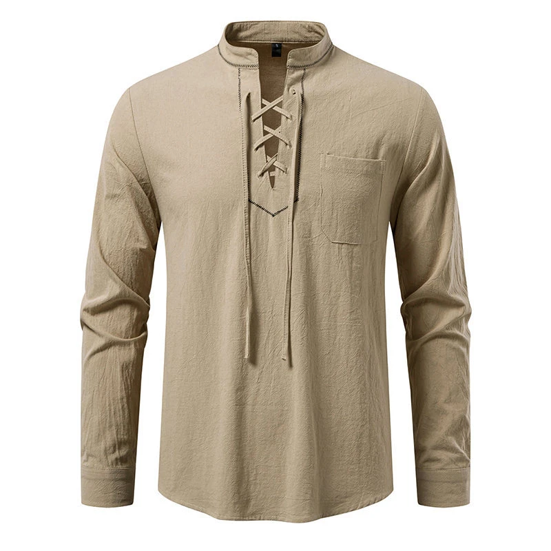 

Men Long Sleeve Casual Shirt New Arrival 2026 Spring Vintage Style Stand Collar Solid Color Male Cotton Tops Shirts N023