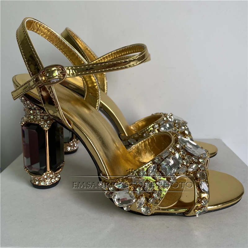 Quality Rhinestone Diamond Decor Sandals Women Jeweled Crystal High Heel Ankle Strap Banquet Shoes Summer Girls