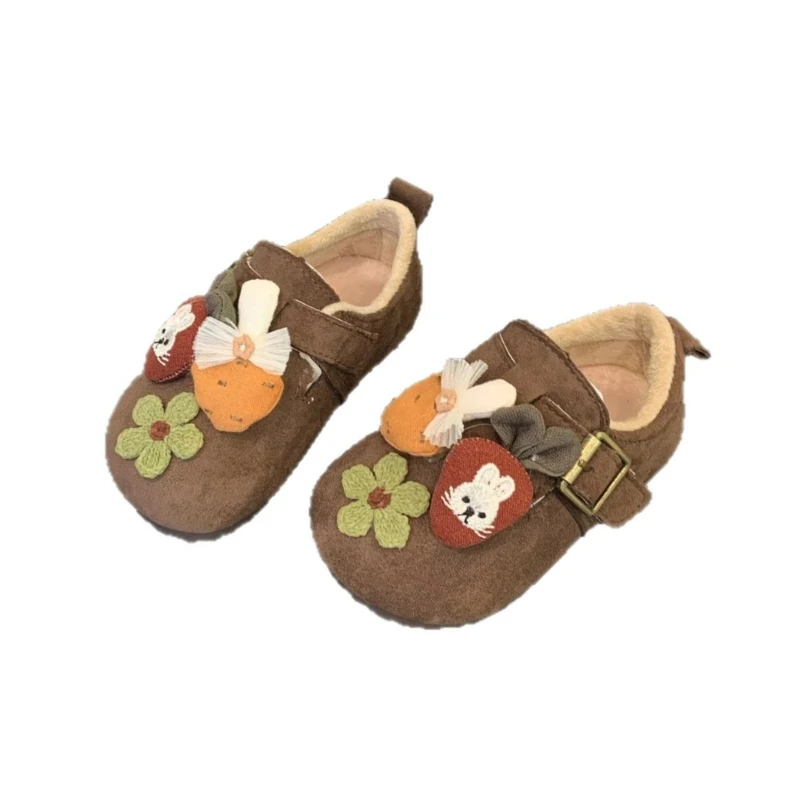 

Girls Leather Shoes Winter Children's Cute Princess Korean Style New Style Cartoon Flowers Suede Upper Warm Flat Square Shoes