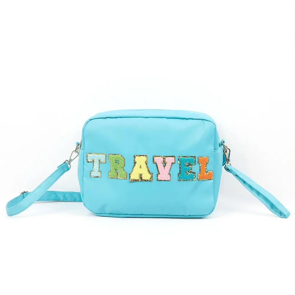 

Candy Color Nylon Cosmetic Bag Women Fashion Letter Patches Makeup Bag with Strap Female Large Capacity Toiletries Organizer Bag