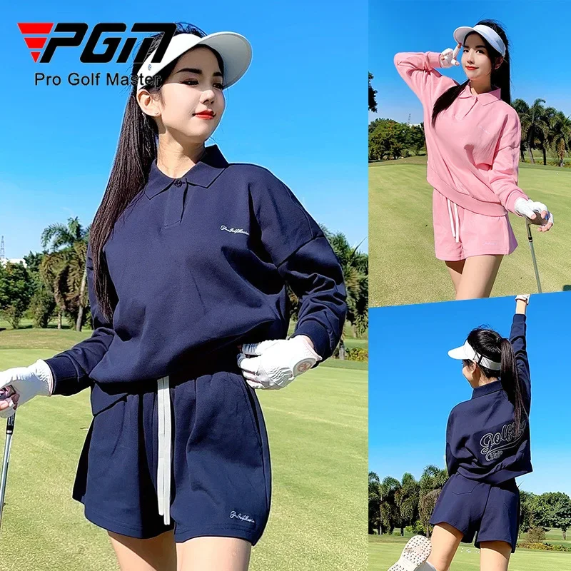 PGM Women Golf Loose Long Sleeved T-shirt Shorts Comfortable Fashionable Embroidered Sports Casual Polo Shirt YF748/KUZ199