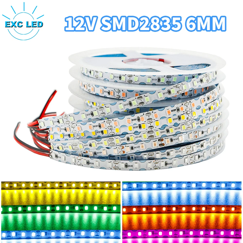 

2835SMD LED Strip Light 120Leds/M 6MM Red Green Blue White Flexible Lighting Tape Dimmable Ribbon For Home Bar Decoration DC12V