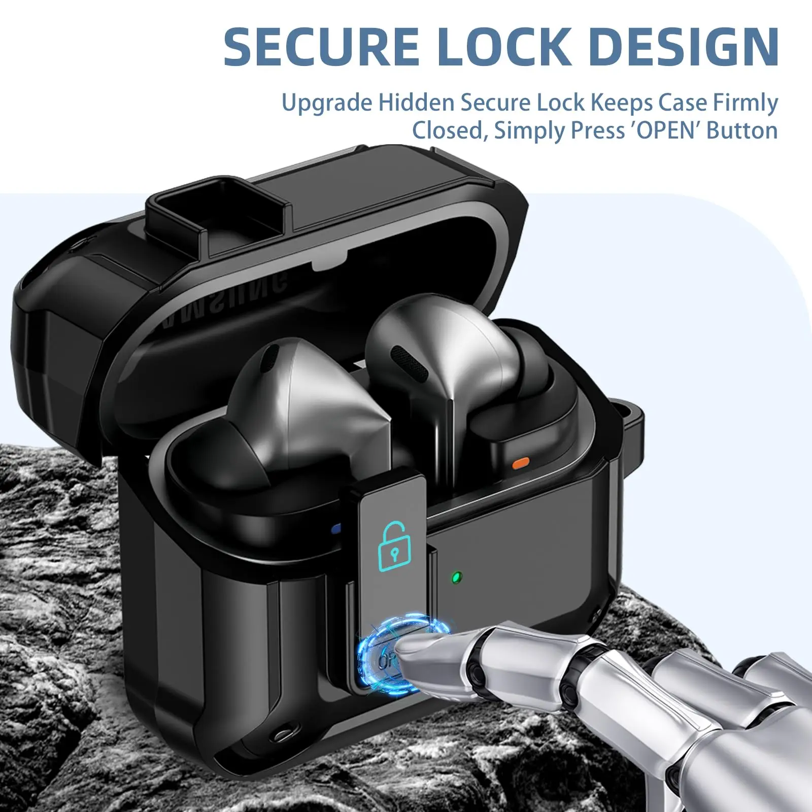 حافظة لهاتف سامسونج جالاكسي بادز 3 مع مجموعة تنظيف سلسلة المفاتيح، غطاء صلب واقٍ كامل مع مشبك قفل آمن لهاتف جالاكسي بادز 3 برو