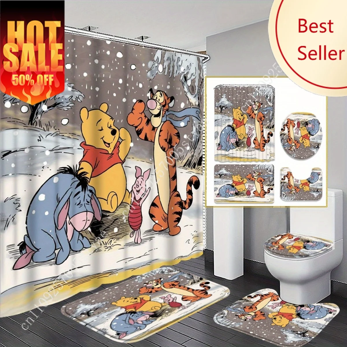 

Winnie the Pooh Shower Curtain Set Disney Cartoon Decoration Gifts Floor Mats Toilet Seat Cover Non-slip floor mats toilet seats