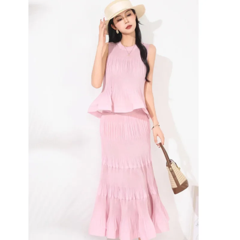 

Pleated Pink Sweet Women's Two Pieces Set Round Collar Ruched Tank Top And Elastic Waist Skirt Summer Chic New 206JE