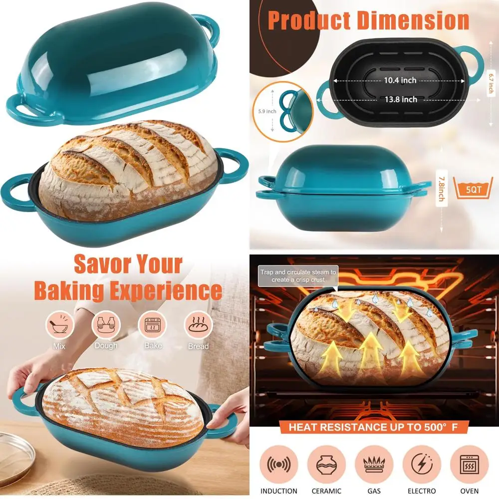 

Cast Iron Sourdough Bread Pan, 5-Quart Loaf Pan with Lid, Oval Dutch Oven for Homemade Bread Baking, Perfect for Baking Authenti