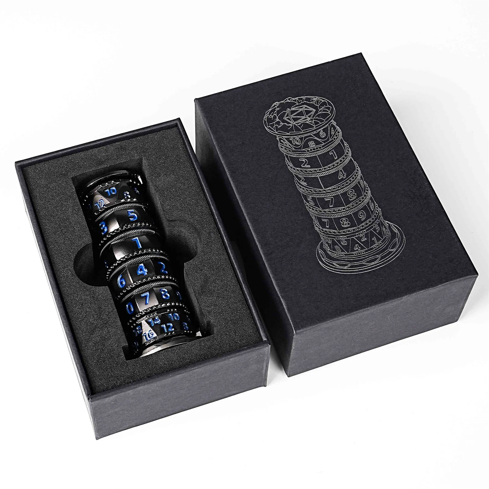 

7 in 1 Black Blue DND Tower Rotatable Metal Dice TRPG D&D Board Games Dungeons Dragons TRPG Polyhedral Digital Dice Table Game