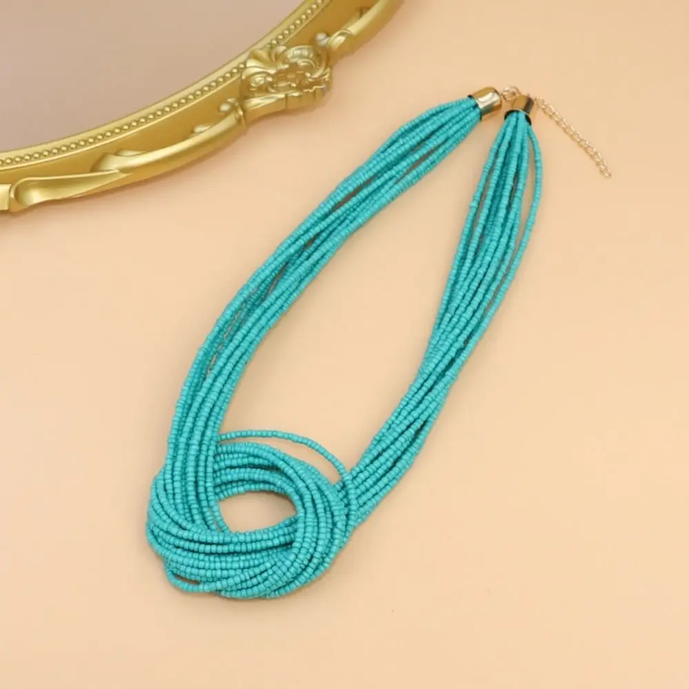 Adjustable Rice Bead Necklace Hand-woven Tie Knot Design Sweater Chain Multi-layer Bohemia Style Knot Beaded Necklace