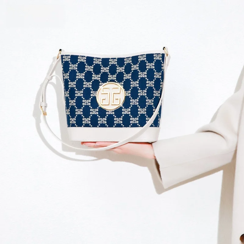 

Summer Women's Large Capacity Cotton Linen PU Bucket Bag Crossbody Shoulder Bag Simple Maternally Printed Canvas Leather