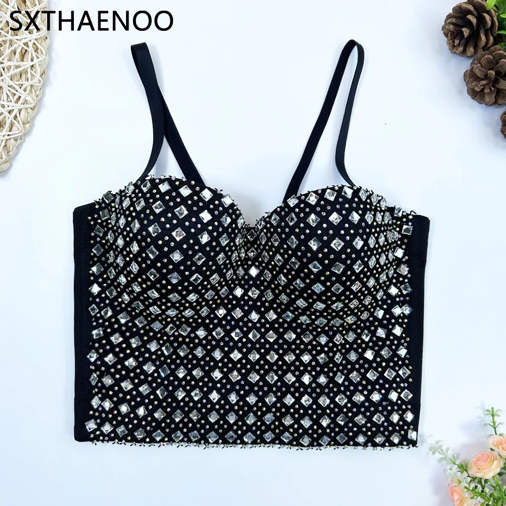 SXTHAENOO Nail Bead Bright Diamond Fish Bone Vest Model Wear Corset Sprinkle Bar Performance Clothes Sling Corset Tops Female