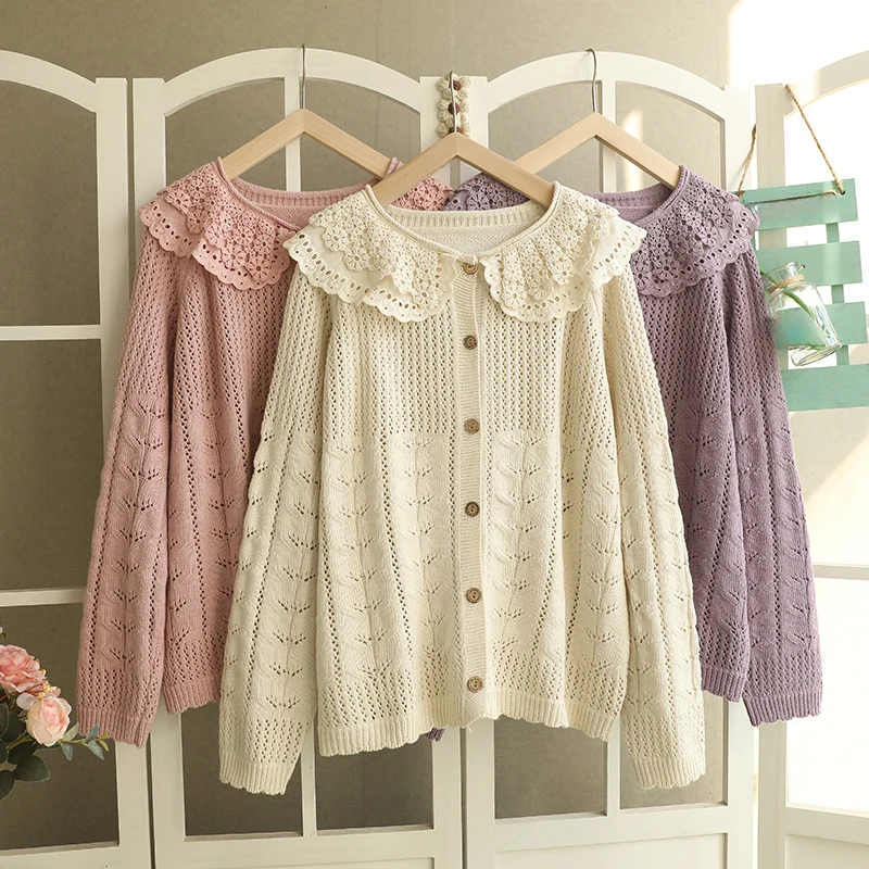 Autumn Sweet Double-layer Collar Hollow Out Embroidered Sweater Women Long Sleeve Single Breasted Knitted Sweater