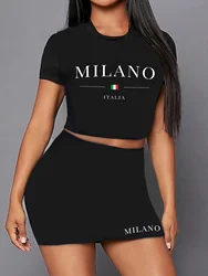 Italia Milano Milan Letter Print Two Piece Set, Short Sleeve Round Neck T-shirt & Skirts, Women's Clothing