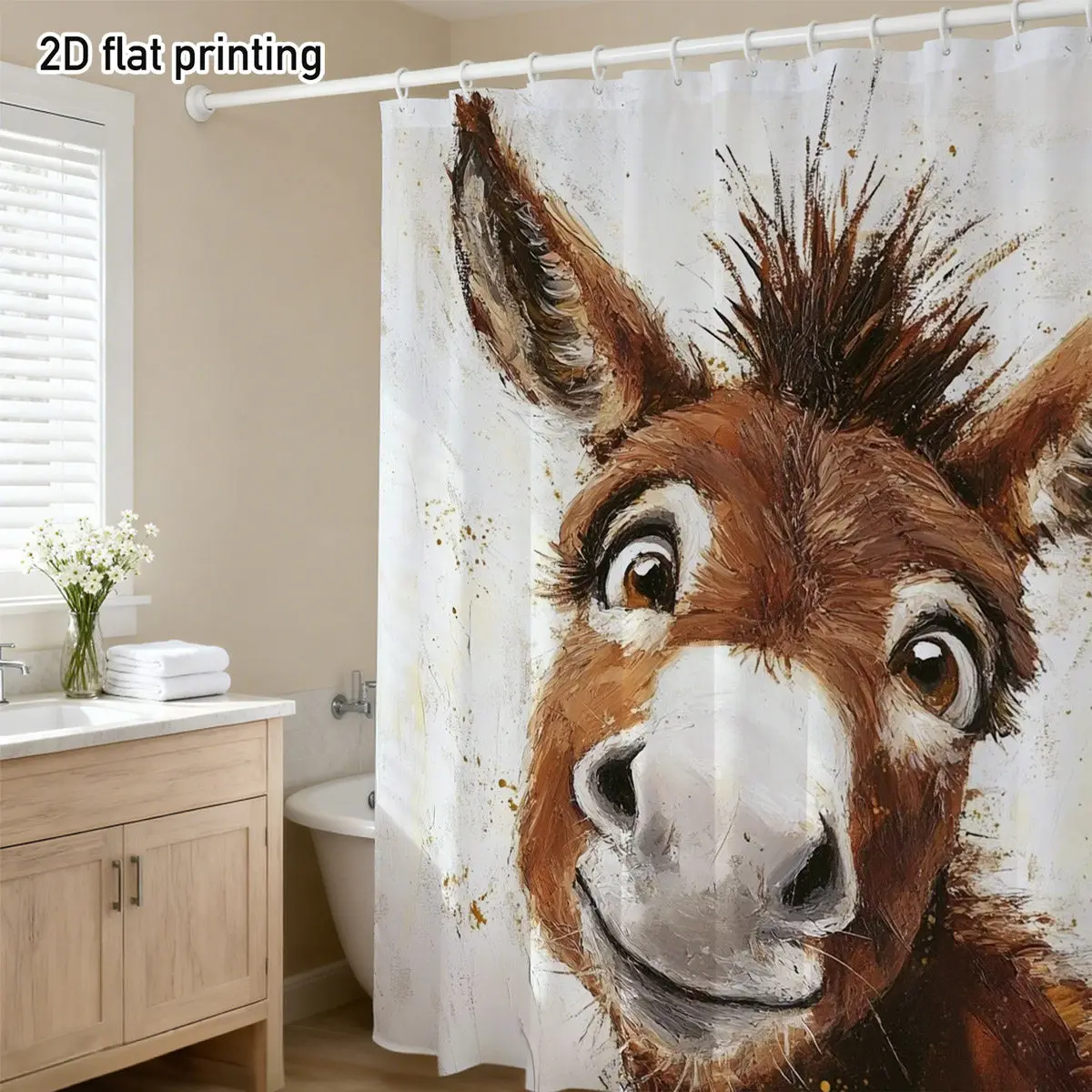 Playful Smiling Donkey Shower Curtain Artistic Animal Portrait Cream Background Farmhouse Bathroom Decor