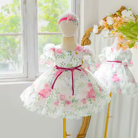 Toddler Flower Party Baby Girls Dress Elegant Bow 1st Birthday Princess Girls Dress Flower Wedding Bridesmaid Evening Prom Gown