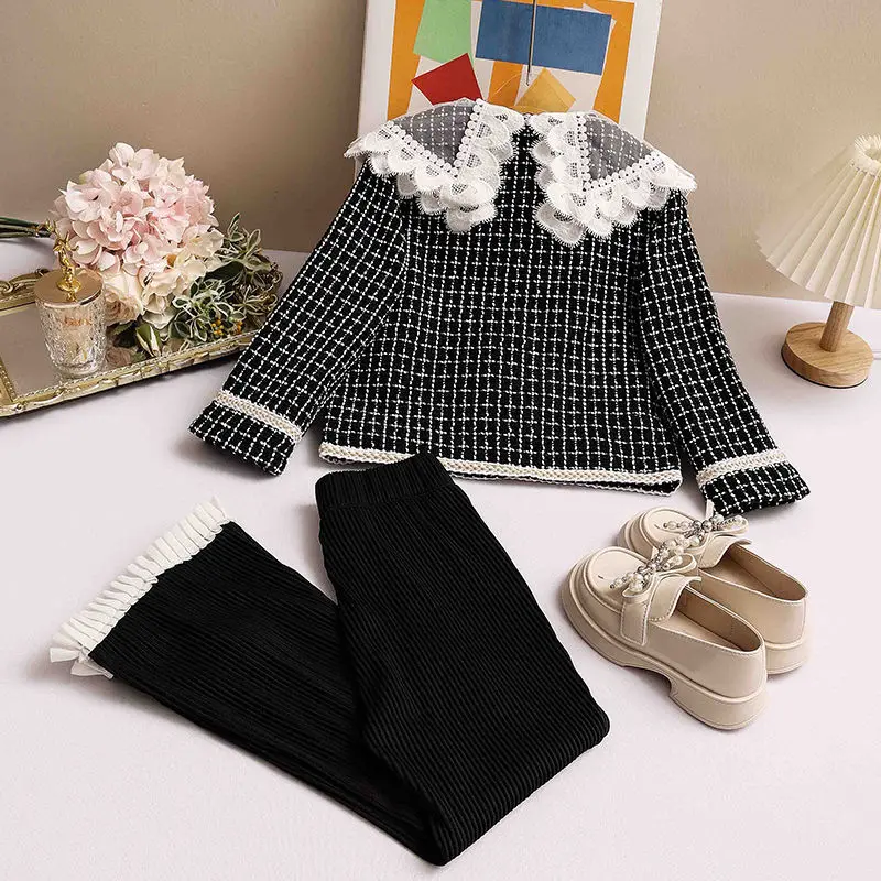 Children Girls Clothing Sets Autumn Kids Girl Black Plaid Coat and Flared Pants 2pcs Clothes Suit Teen Girls Vintage Outfits