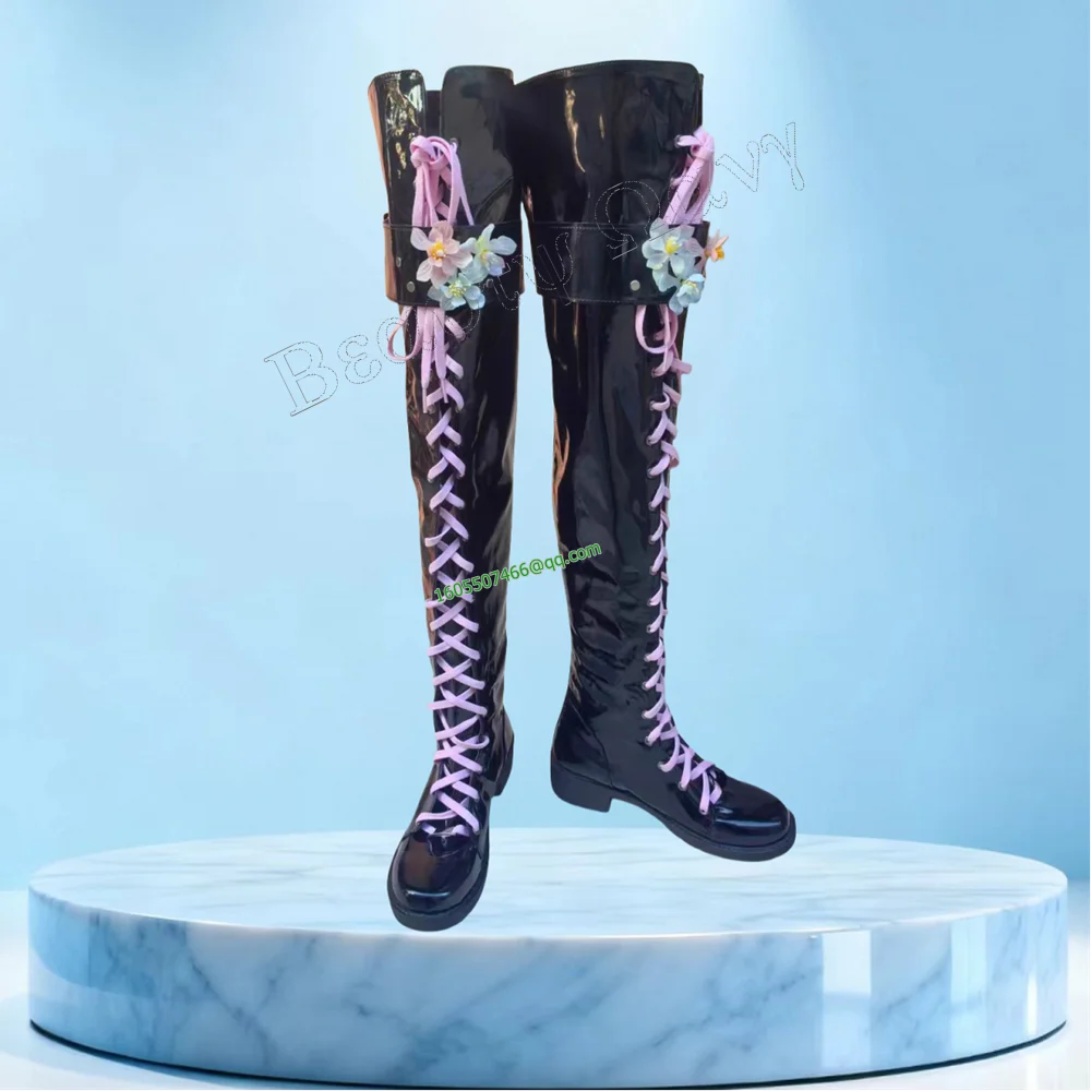 

Black Lace up Knight's Boots Round Toe Men's Shoes Patent Leather Round Toe Knee High Shoes for Men 2024Zapatos Para Hombres